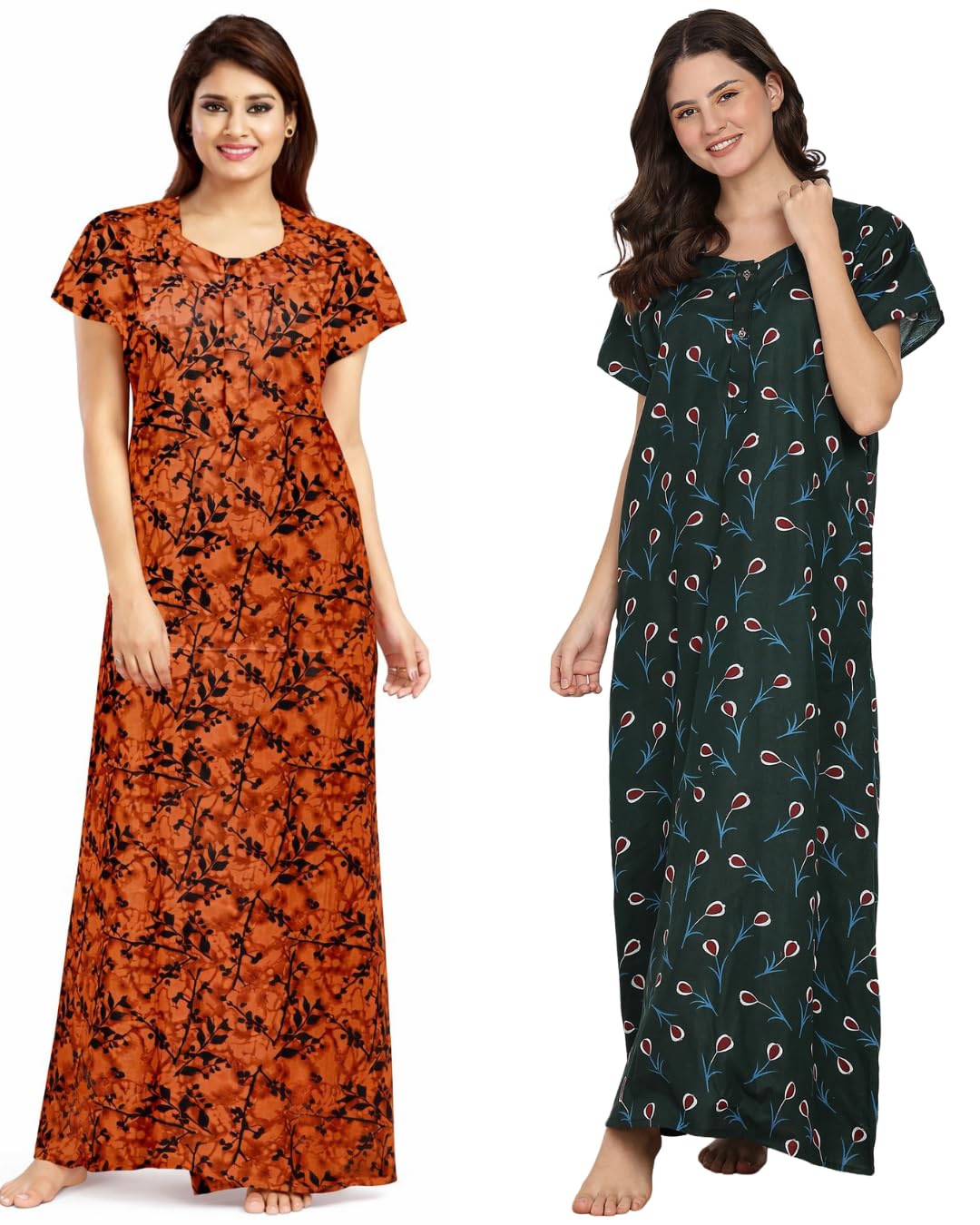 Women's Pure Cotton Nighty – Printed Maxi Nightgown, Short Sleeve Breathable Ankle Length Sleepwear, Comfortable Free Size Nightdress for Ladies-picture-32