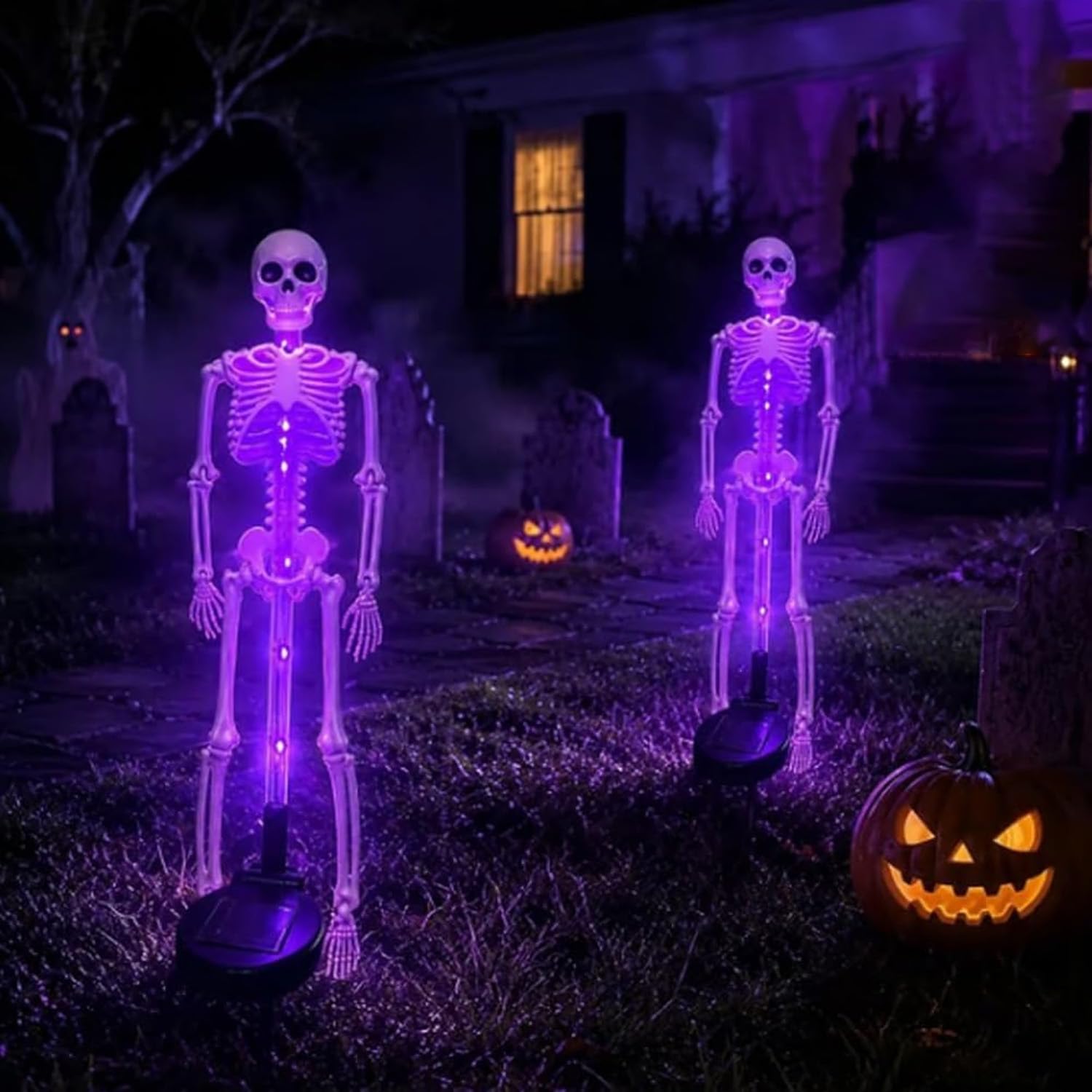 Solar Skeleton Yard Stake Halloween Decorations Garden Light，Purple：2 Pcs