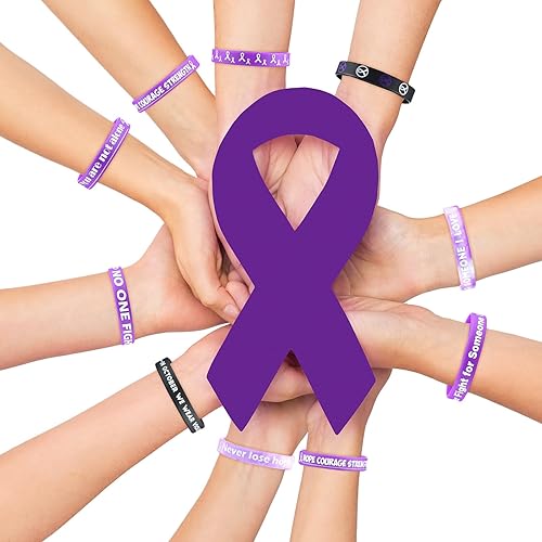 Miniatura 6 de 150 pulseras de goma con cinta morada a granel, esperanza, coraje, fuerza, artículos de conciencia morada, regalos para abuso animal, alzheimer,