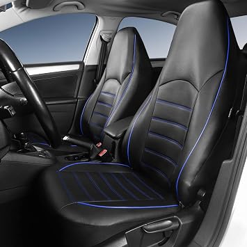 TOYOUN Classic Universal PU Leather Car Seat Covers Full Set High Back Bucket Seat Cover - Fit Most Cars, Trucks, SUVS, or Vans 2 PCS Blue Trim Auto Seat Covers Set Car Seat Protector, Blue