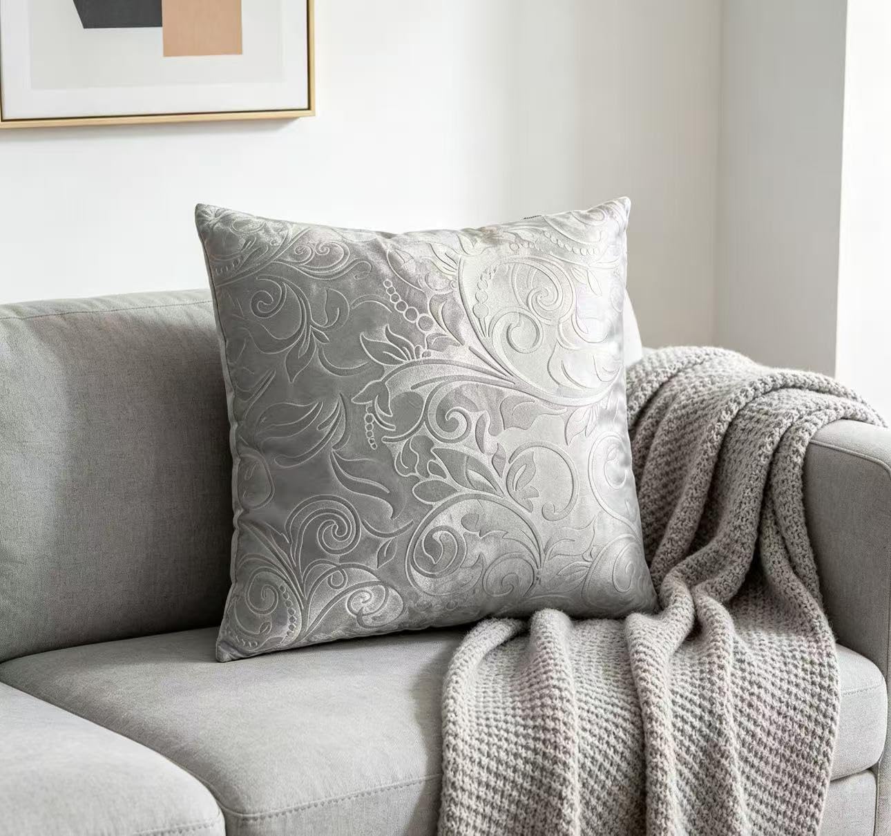 TangDepot Heavy Velvet Embossing Throw Pillow Cover, Classis Floral Anaglyph Velvet Fabric, Lumbar Pillow Cover, Indoor/Outdoor Pillowcase - (28" x 28", C41 Light Grey)