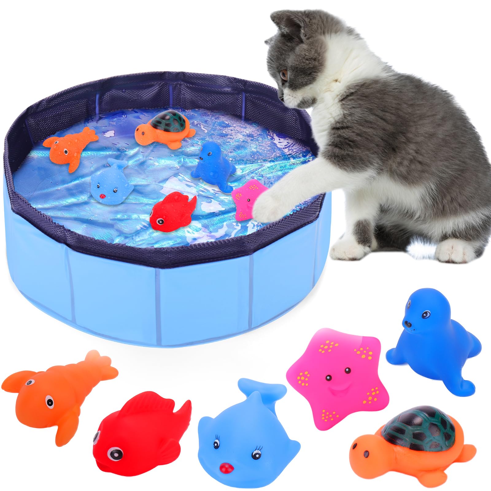 AIERSA Cat Pool with 6Pcs Swimming Fish Toy, Funny Interactive Cat Water Toys for Bored Indoor Cats to Self Play
