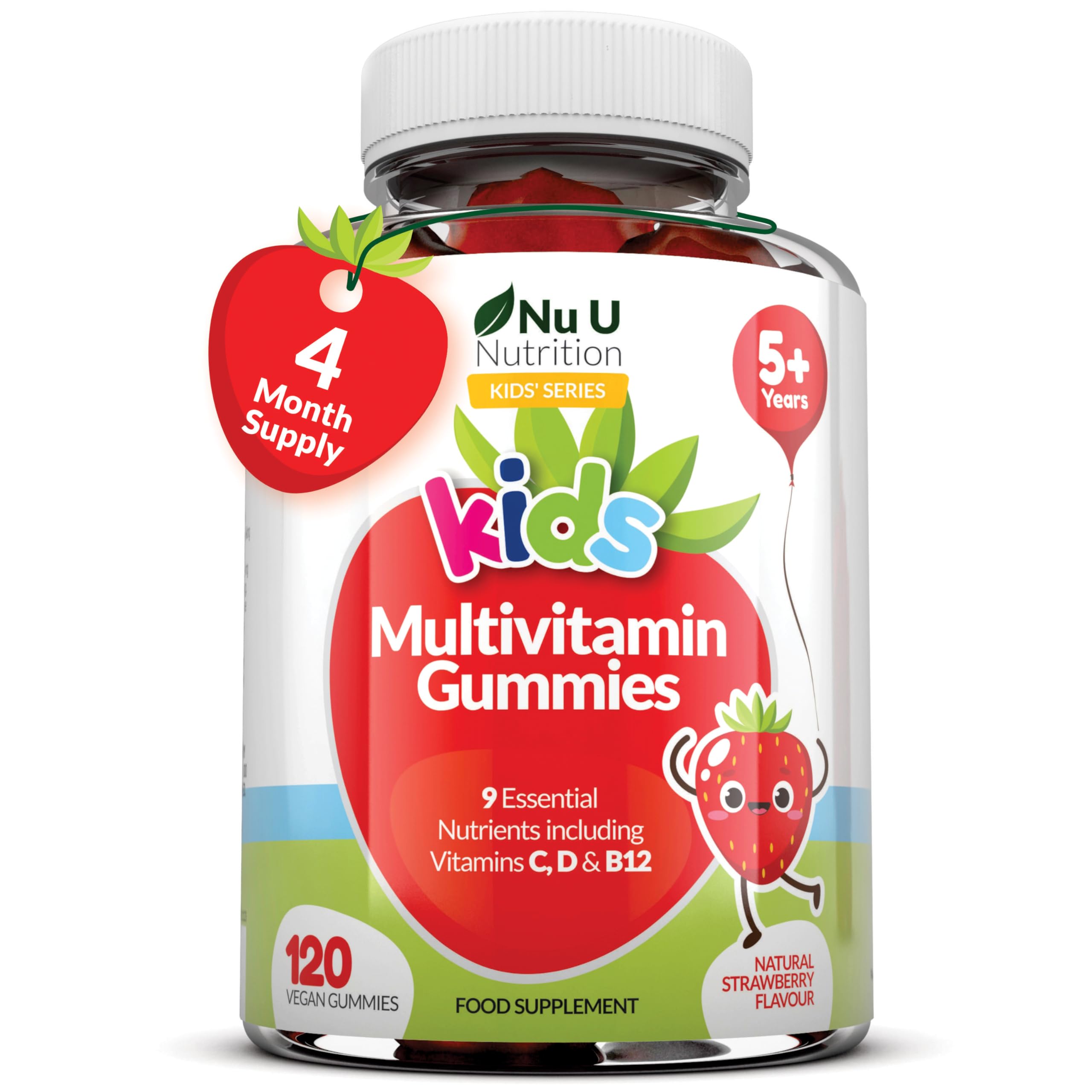 Multivitamin Gummies for Kids - 4 Month Suppply -120 Vegan Berry Gummies - Strawberry Flavour - 9 Essential Vitamins Including Vitamin C, D & B12 - Made in The UK