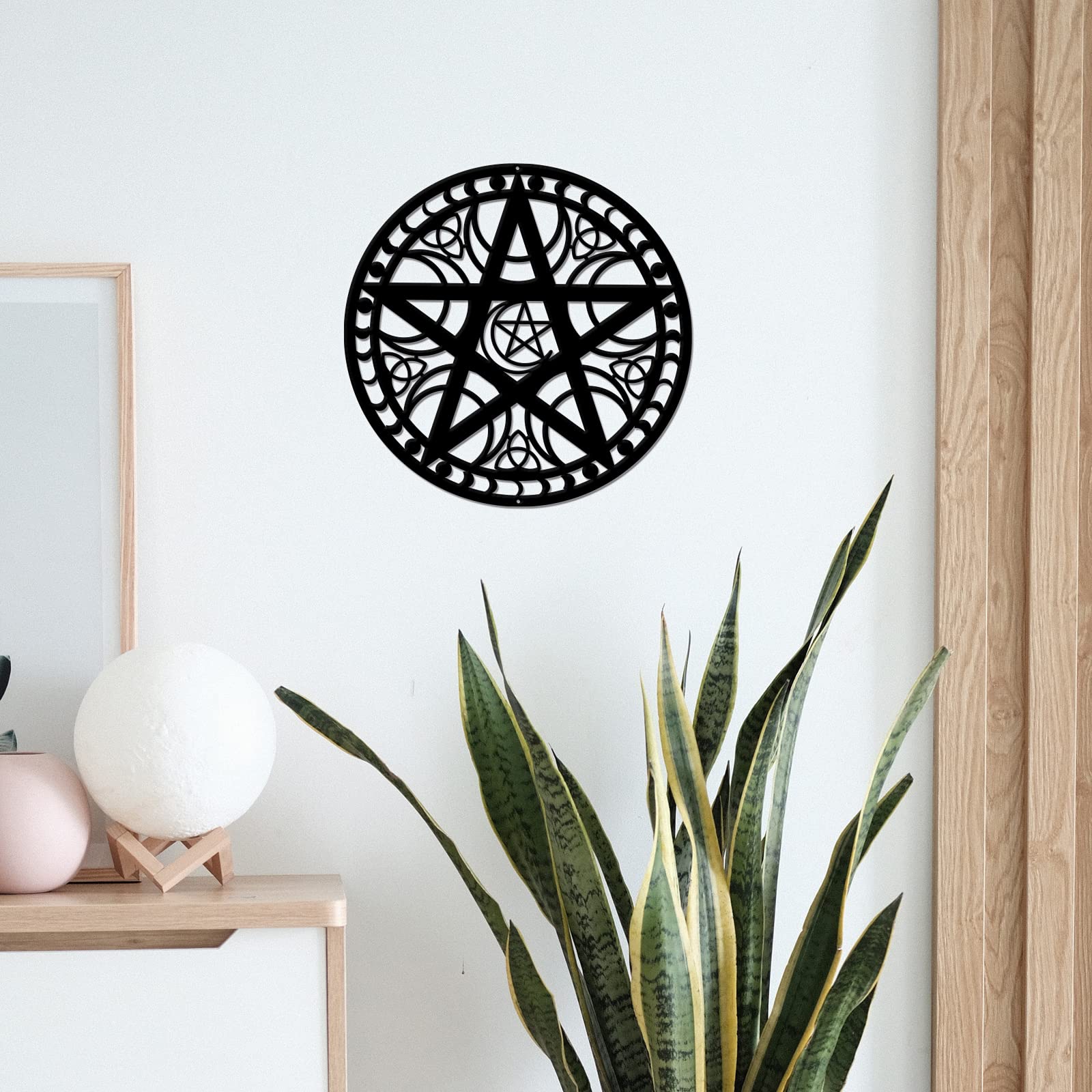 Arte de pared de triple luna, 11.8 pulgadas, decoración de pared de metal negro para colgar en la pared, silueta de pentagrama, decoración wicca para dormitorio, sala de estar, oficina, cocina, 2