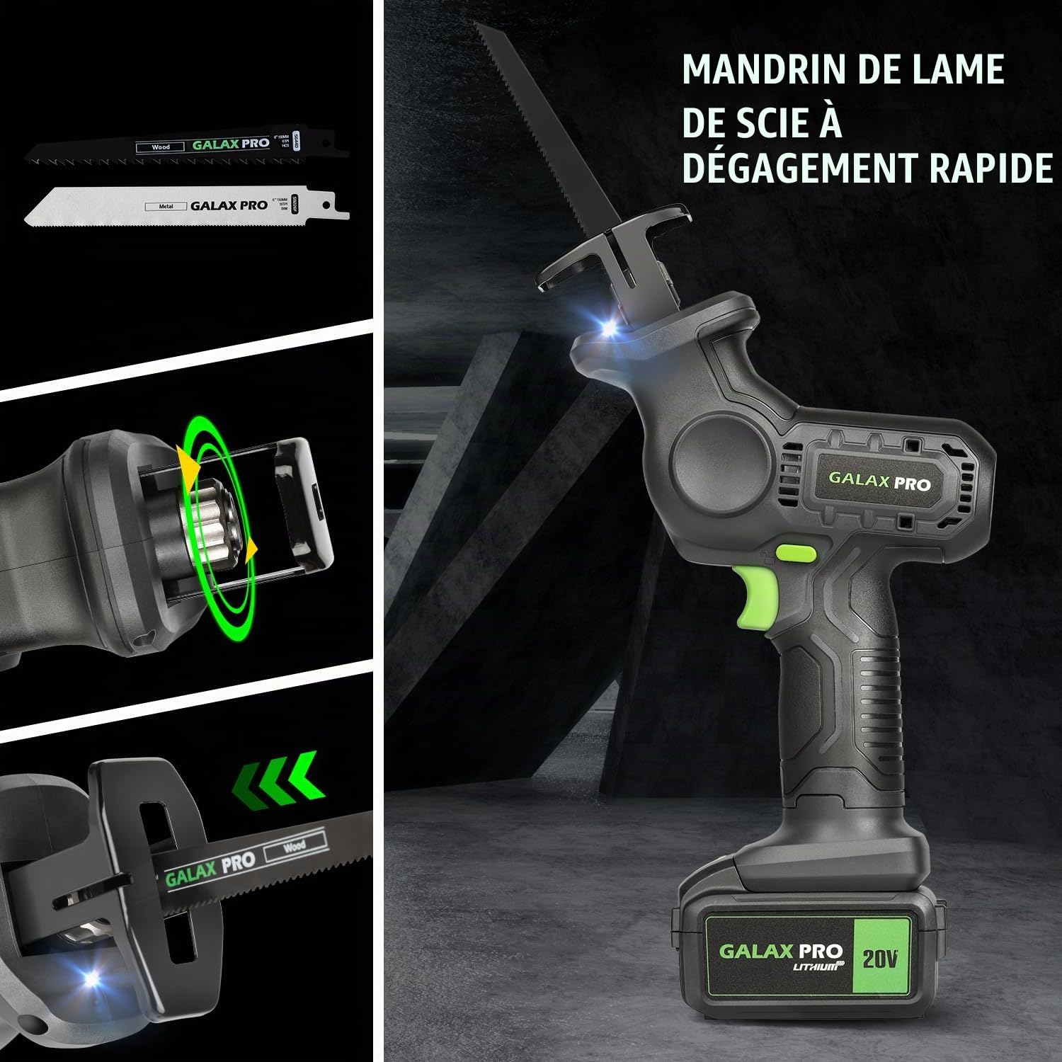 GALAX PRO Kit de Scies alternatives sans fil haute capacité 20 V 4,0 Ah – Comprend 2 lames de coupe en bois et 1 lame de coupe en métal pour un usage polyvalent de bricolage et professionnel