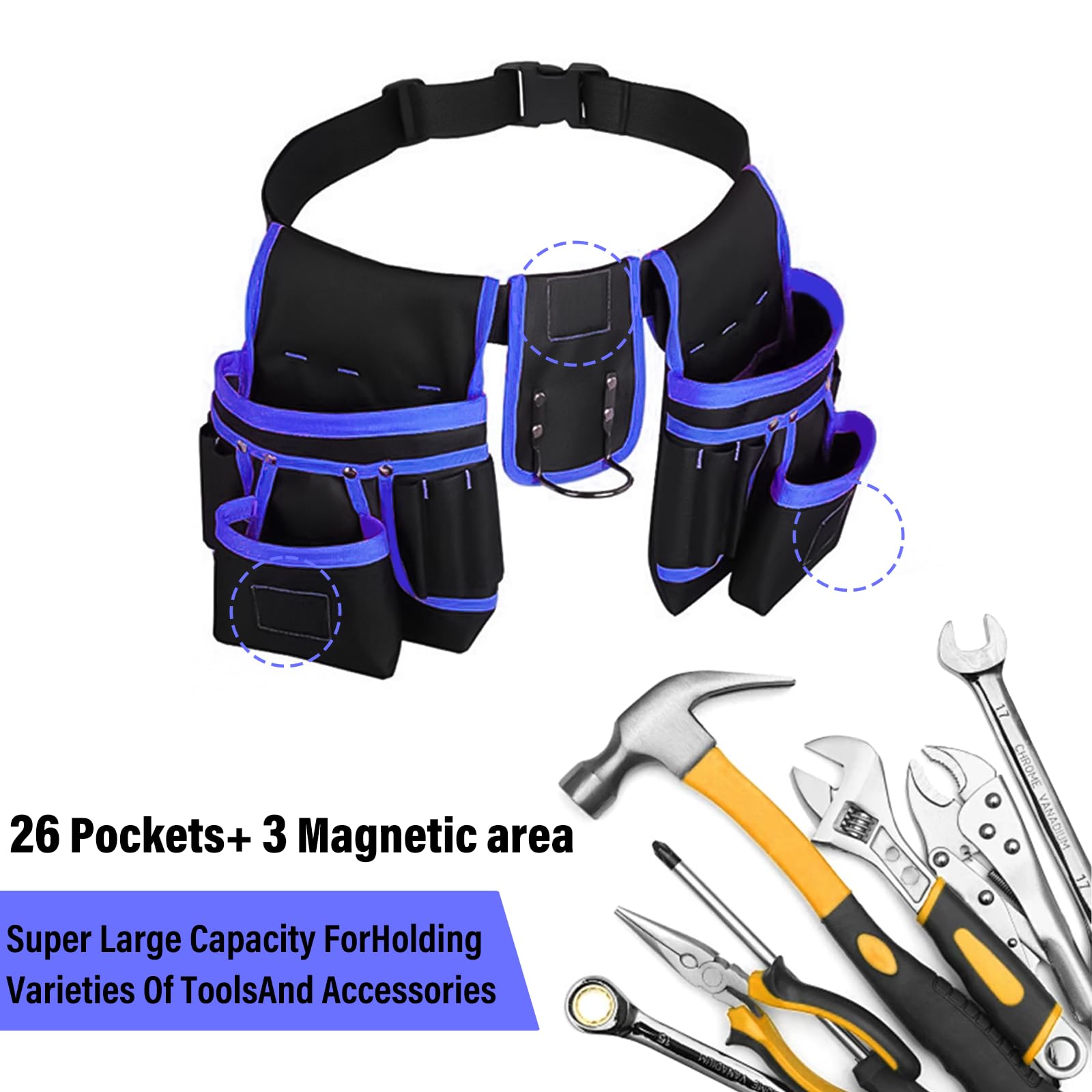 POPOPIE Cintura Porta Attrezzi,Regolabili Staccabili Cintura Elettricista,Cinturà per Attrezzi da Lavoro con 26 Tasche,per Elettricista Falegname Edilizia Manutenzione,Nero-Blu