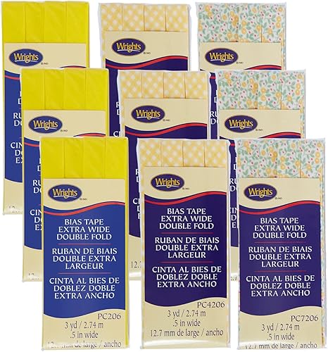 Wrights Cinta al bies extra ancha de doble pliegue de 12 pulgada para acolchar y coser, 27 yardas en total, color amarillo, 9 piezas