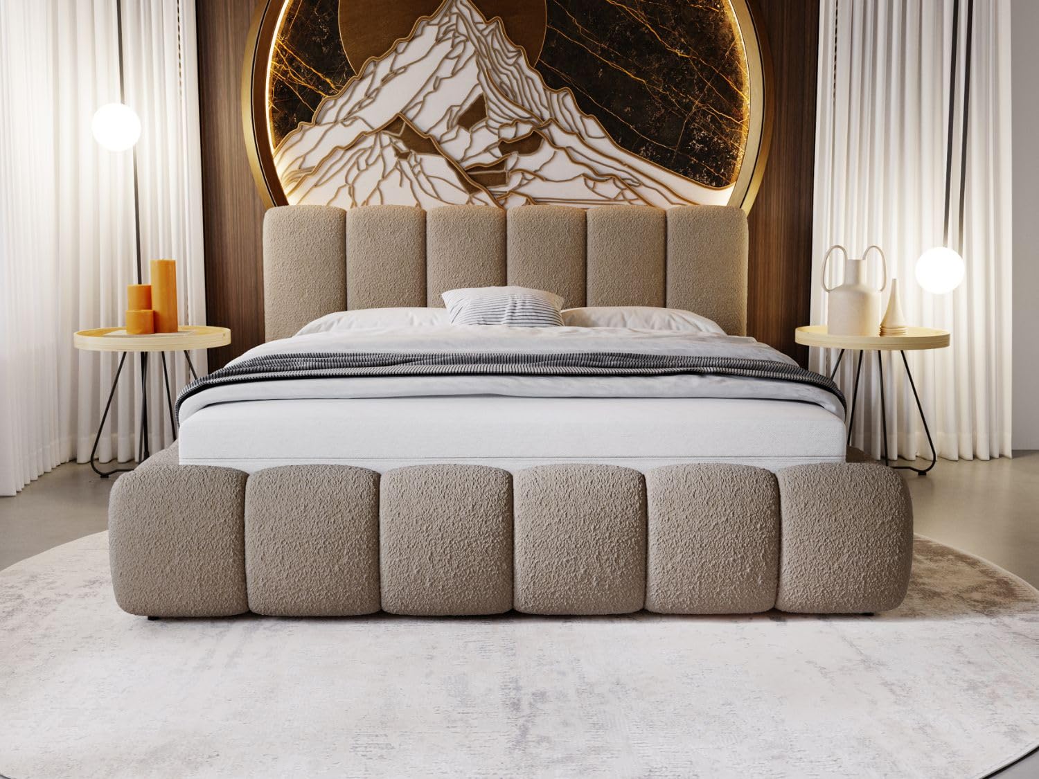 GRAINGOLD Cloud Bett 180x200, Polsterbett mit Bettkasten, Polsterbett mit Stauraum, Bouclé-Stoff, mit Lattenrost, mit Kopfteil, ohne Matratze (Braun, 180x200)