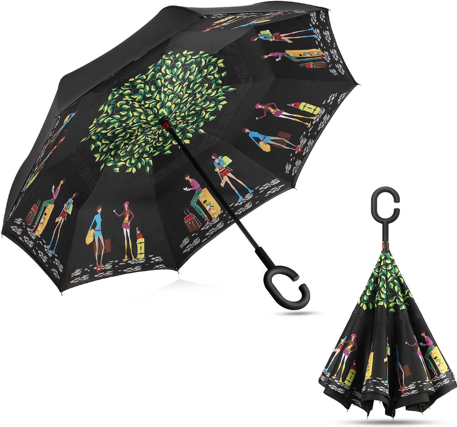 Elover Inverted Umbrella with C-Shaped Handle Inside Out Windproof Umbrella Upside Down Reverse Umbrella Double Layer Travel Umbrella