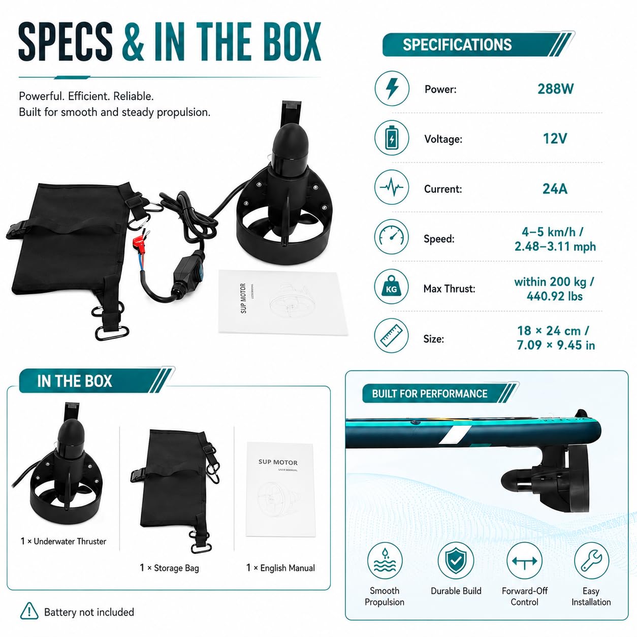 Thruster subacqueo per tavole da surf, propulsione elettrica subacquea, sistema di propulsione, propulsione a vite, kit di thruster subacqueo, per paddle board, tavole da surf, ecc