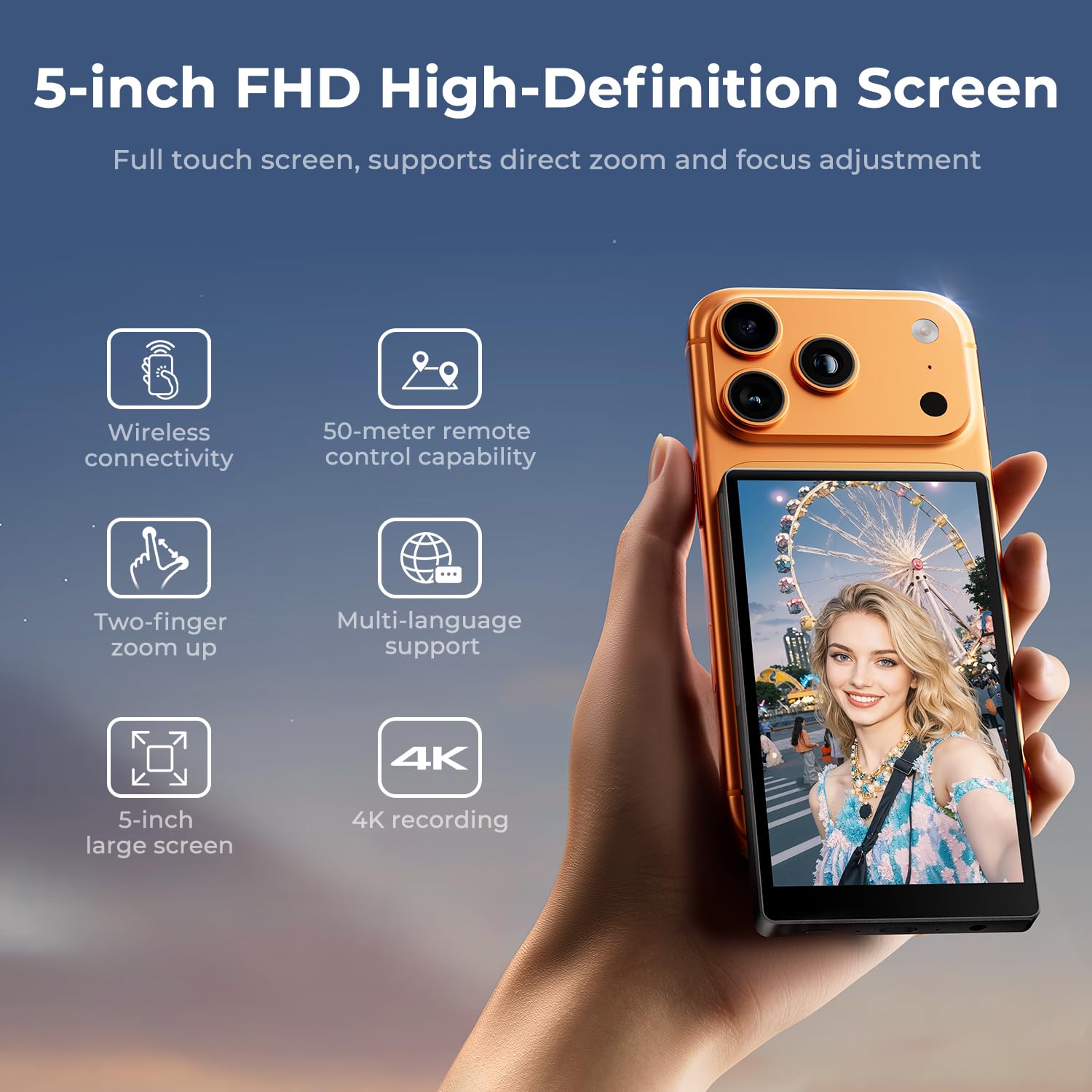 K&F CONCEPT 5-calowy bezprzewodowy monitor do selfie, magnetyczny monitor 4K o zasięgu 50 m do vlogowania, kompatybilny z telefonami iPhone, Samsung i Android