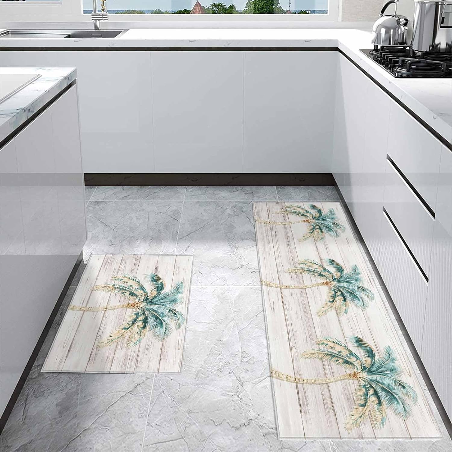 Kitchen Mats for Floor Ocean Beach Coconut Tree Washable Non Slip Kitchen Rugs 2PCS, Summer Plant Farm Wood Grain Absorbent Standing Mats for Sink Bathroom Office Living Room 15.7x23.6in+15.7x47.2in