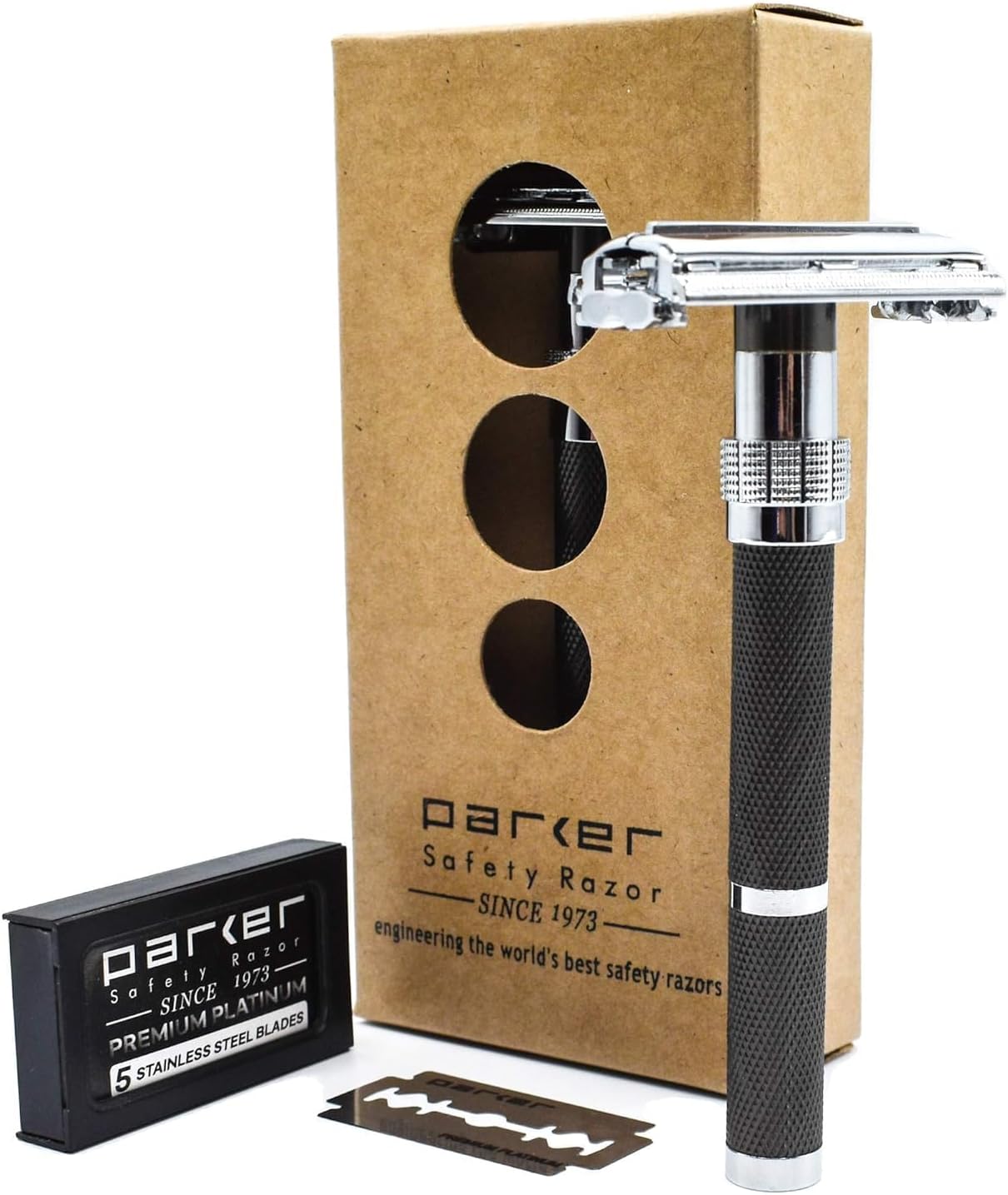 Parker 96R- Long Handle Butterfly Open Safety Razor & 5 Parker Platinum Double Edge Razor blades