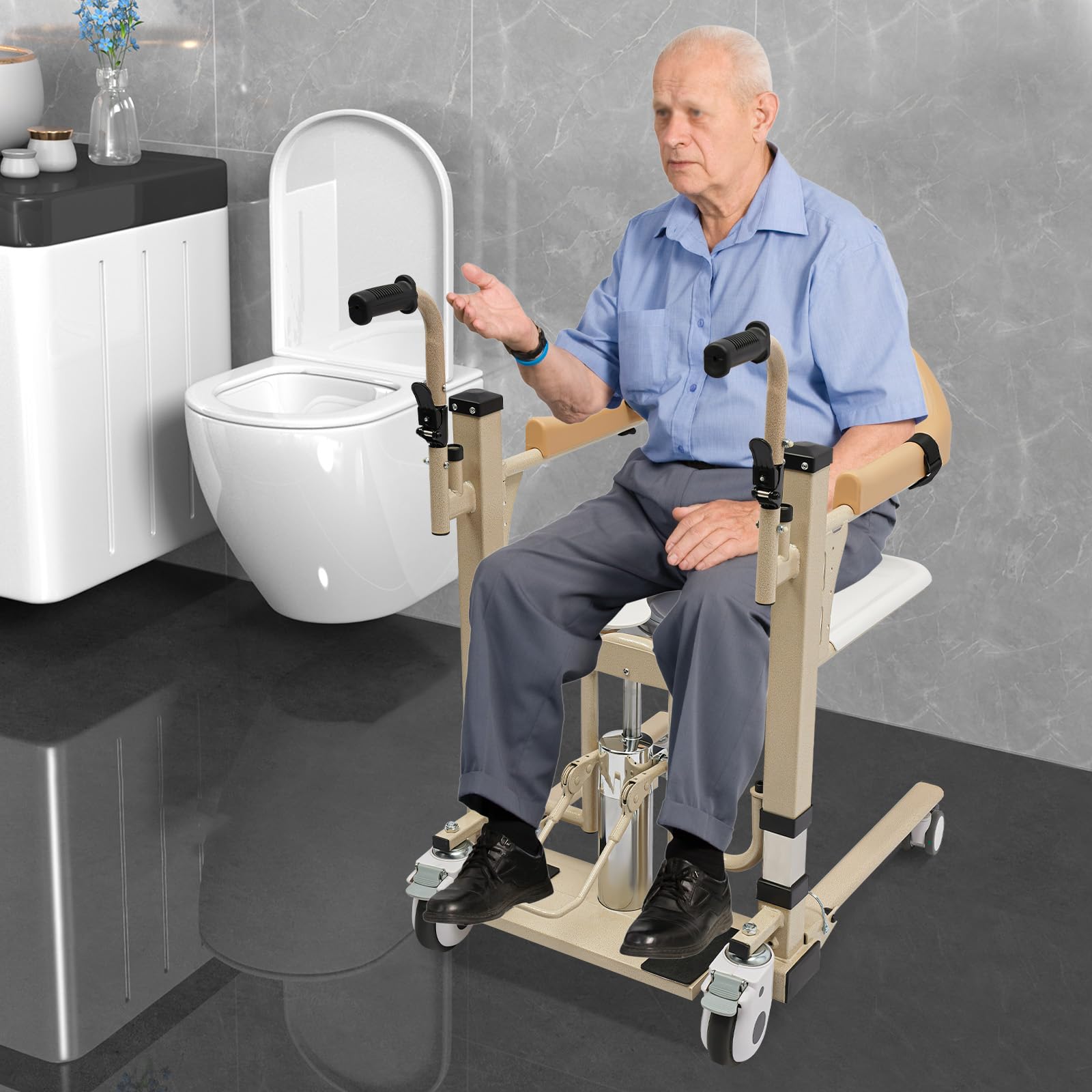 Hydrauliczny podnośnik pacjenta z oparciem 180°, krzesło transferowe 200 kg | 45-65 cm z regulacją wysokości, z hamulcami na kółkach, łopatą i poduszką, dla rodzinnych domów opieki, szpitali, żółty