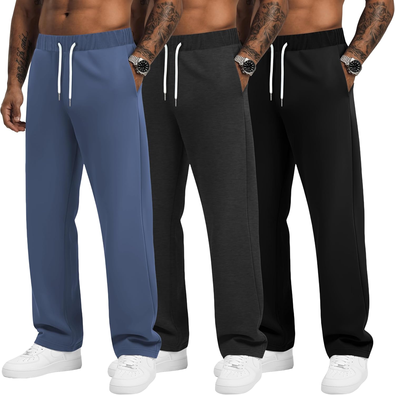 3 Pack Men's Big and Tall Baggy Sweatpants Wide Leg Drawstring Loose Athletic Workout Casual Pants with Pockets