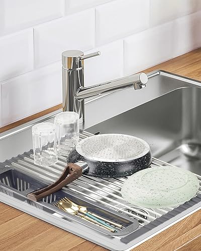 Miniatura 6 de Escurridor de platos enrollable, escurridor de platos extensible sobre el fregadero, estante de cocina de acero inoxidable con soporte para
