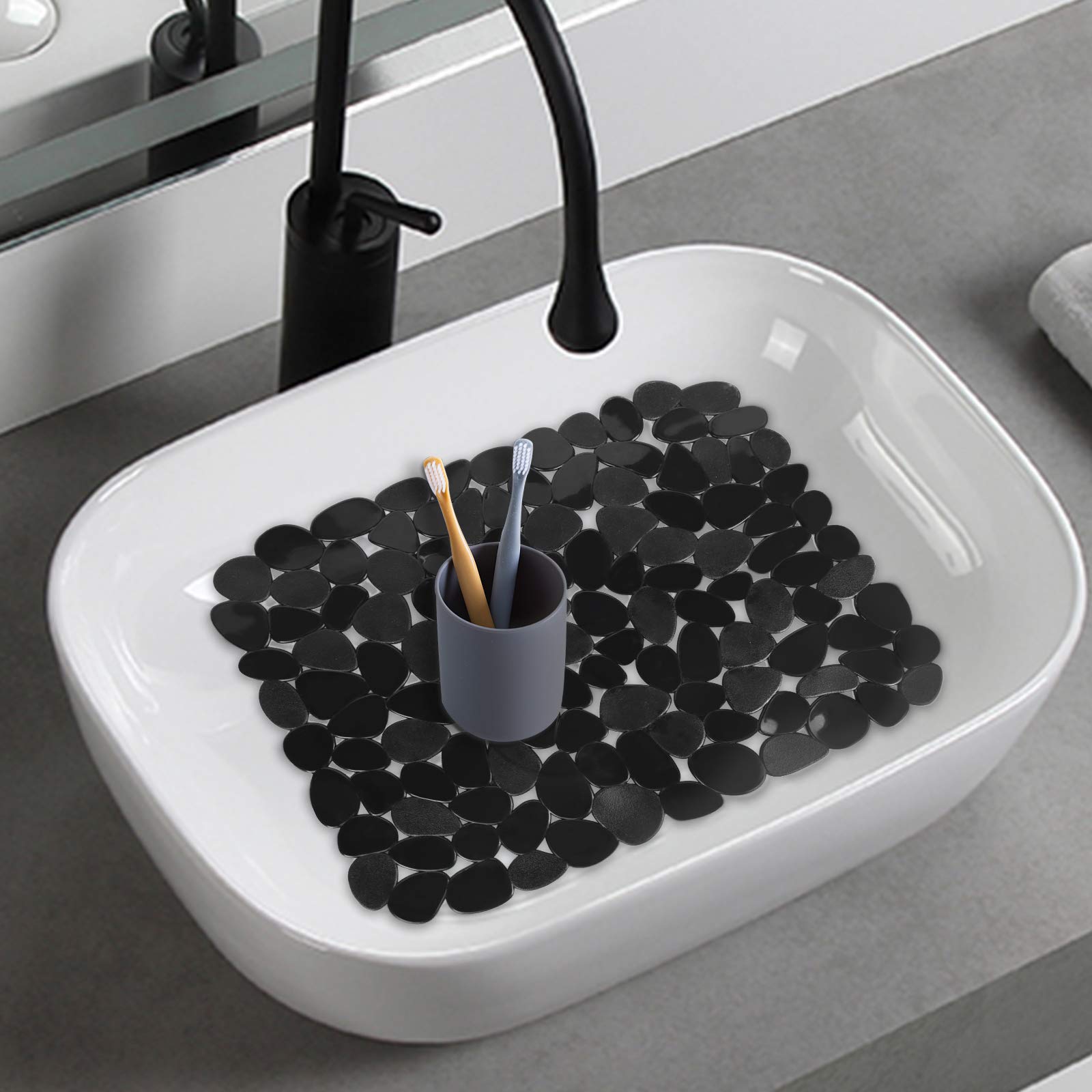 Alfombrillas para fregadero de cocina, 2 alfombrillas protectoras ajustables de PVC negro para fregadero de acero inoxidable o fregadero de porcelana, tapete de secado de platos para baño,