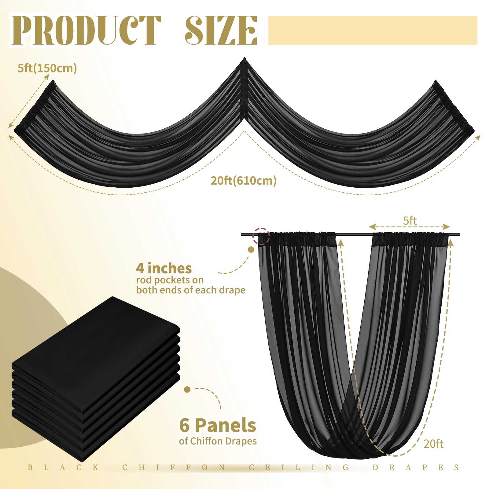 6 Panels Black Ceiling Drapes for Wedding Ceiling Drapes 5ftx20ft Wedding Arch Draping Fabric Sheer Curtains Voile Chiffon Drapery Draping Wedding Ceiling Decorations for Party Ceremony Stage Swag