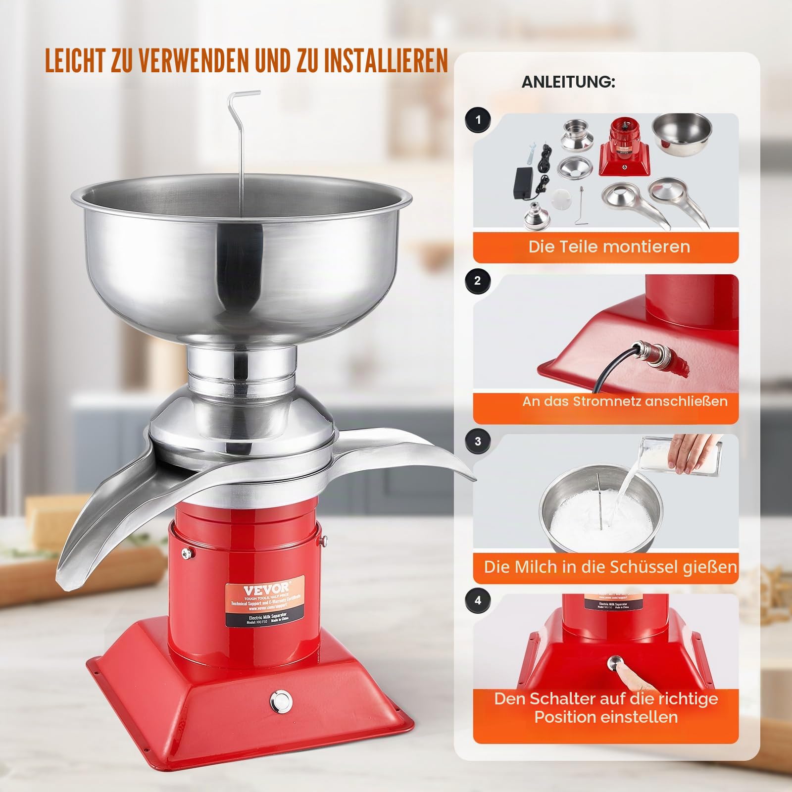 VEVOR Elektrischer Milchabscheider Zentrifugalabscheider 30 W, Milchzentrifuge Separator 100 L/Std. Milchcremetrenner, 10500 U/min Multifunktionale Milchzentrifuge Milchseparator Edelstahl 304