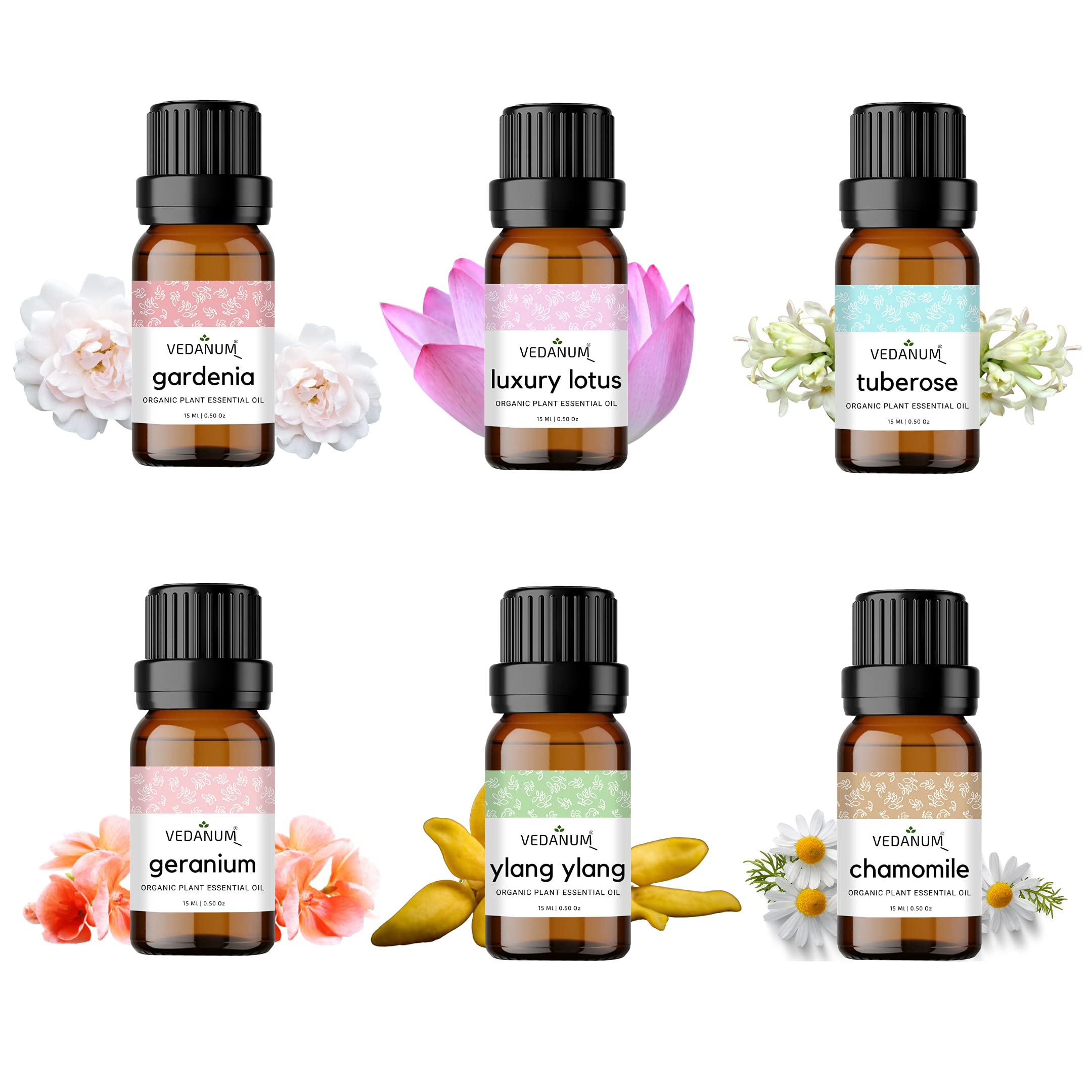 VEDANUM Premium Essential Oil for Aromatherapy, Oil Diffuser, Aroma Burner, Home D�cor Activities - 15 ML Organic Concentrate || Pack of 6 || (Gardenia, Lotus, Ylang Ylang, Tuberose)