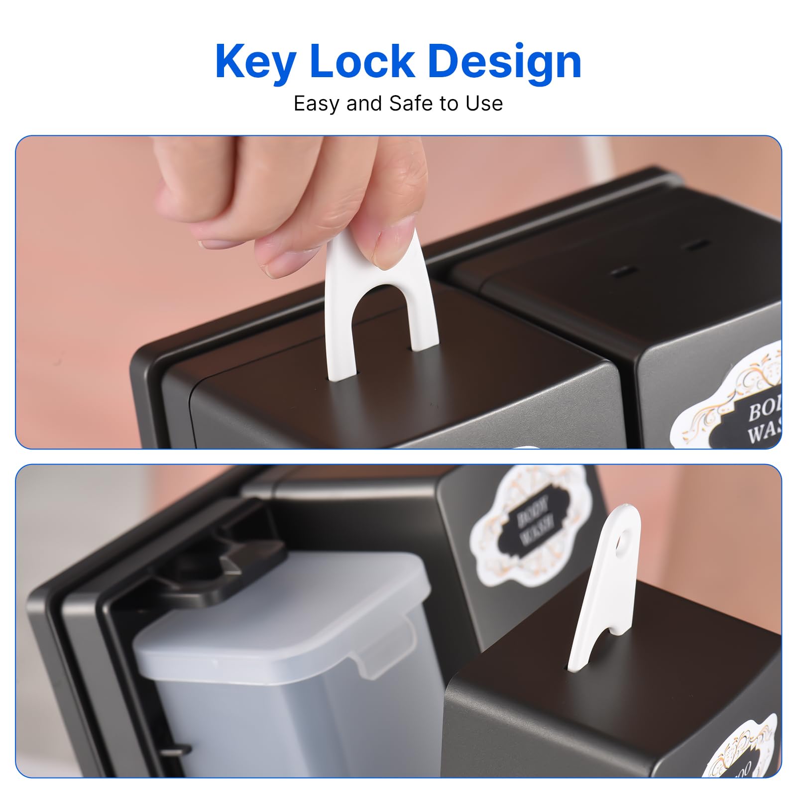 Decdeal Dispenser di sapone per le mani, 400 ml x 2, sicuro, ABS, senza forature, dispenser di sapone per montaggio a parete con finestra trasparente, uscita liquido separata, design di blocco