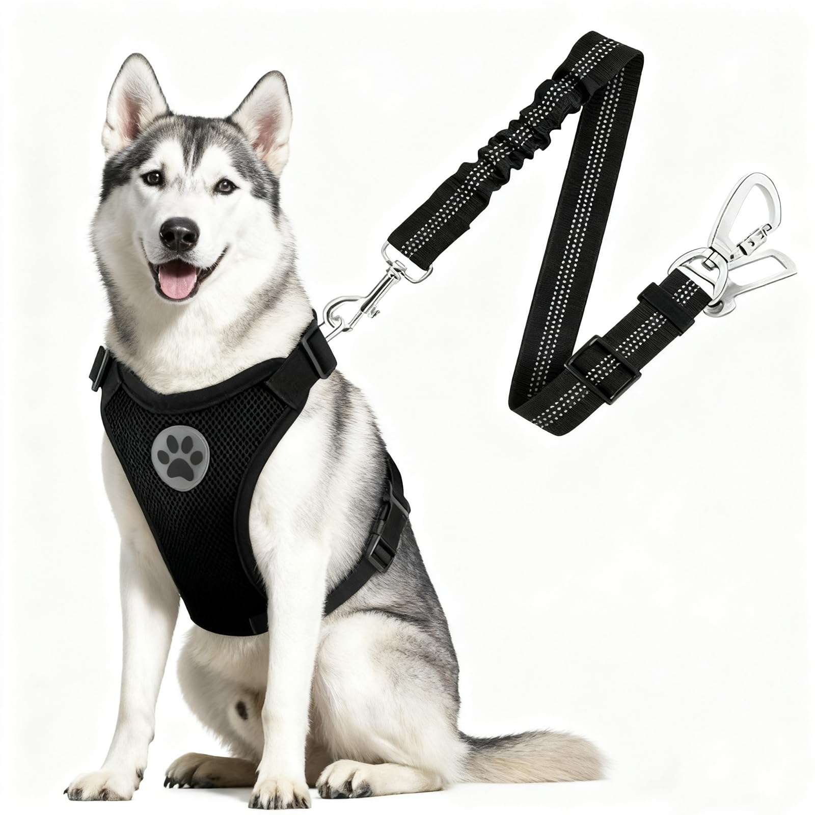 Dog Car Seat Belt Harness - Adjustable Mesh Breathable Safety Tether with Elastic Bungee for Small Medium Large Pets (L)