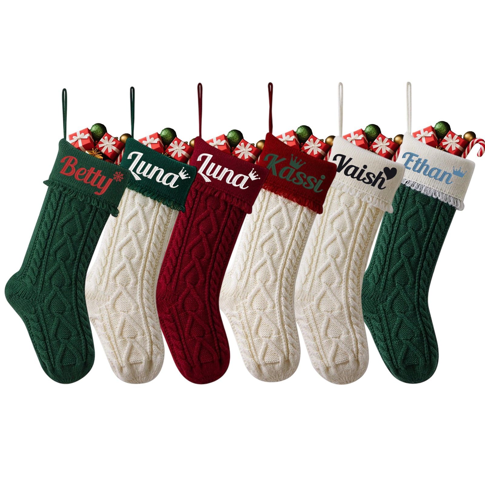 6 calze natalizie grandi con nomi personalizzati, 45 cm, con nome ricamato personalizzato, 45,7 cm, calza lavorata a maglia, per feste, Natale, decorazioni per la famiglia