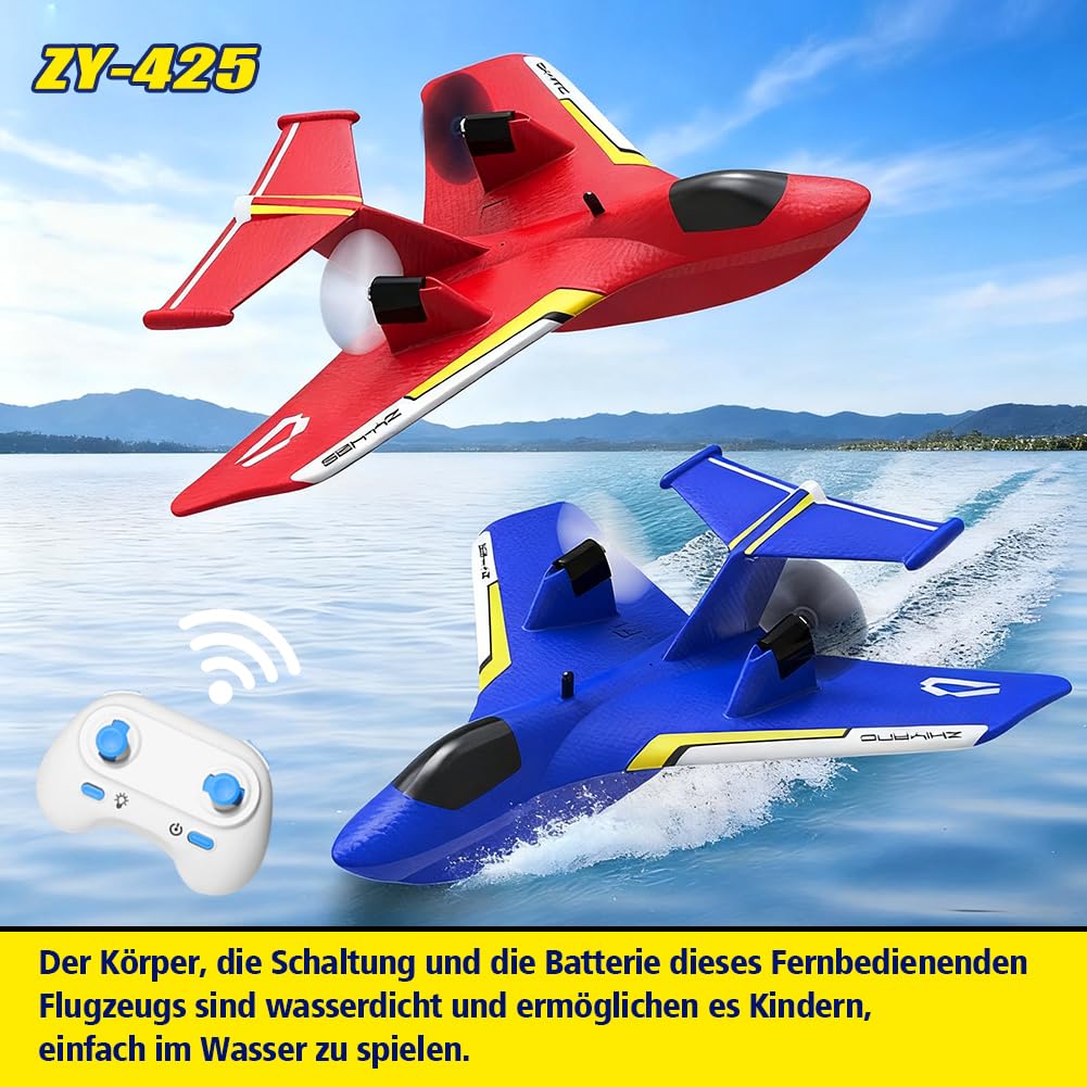 Fremego RC Flugzeug für Wasser, Land und Luft,2.4GHz Glider Ferngesteuertes Flugzeug mit 2 Batterien und Licht,2CH Kampfflugzeug Modell Spielzeug für Kinder Anfänger (Rot)