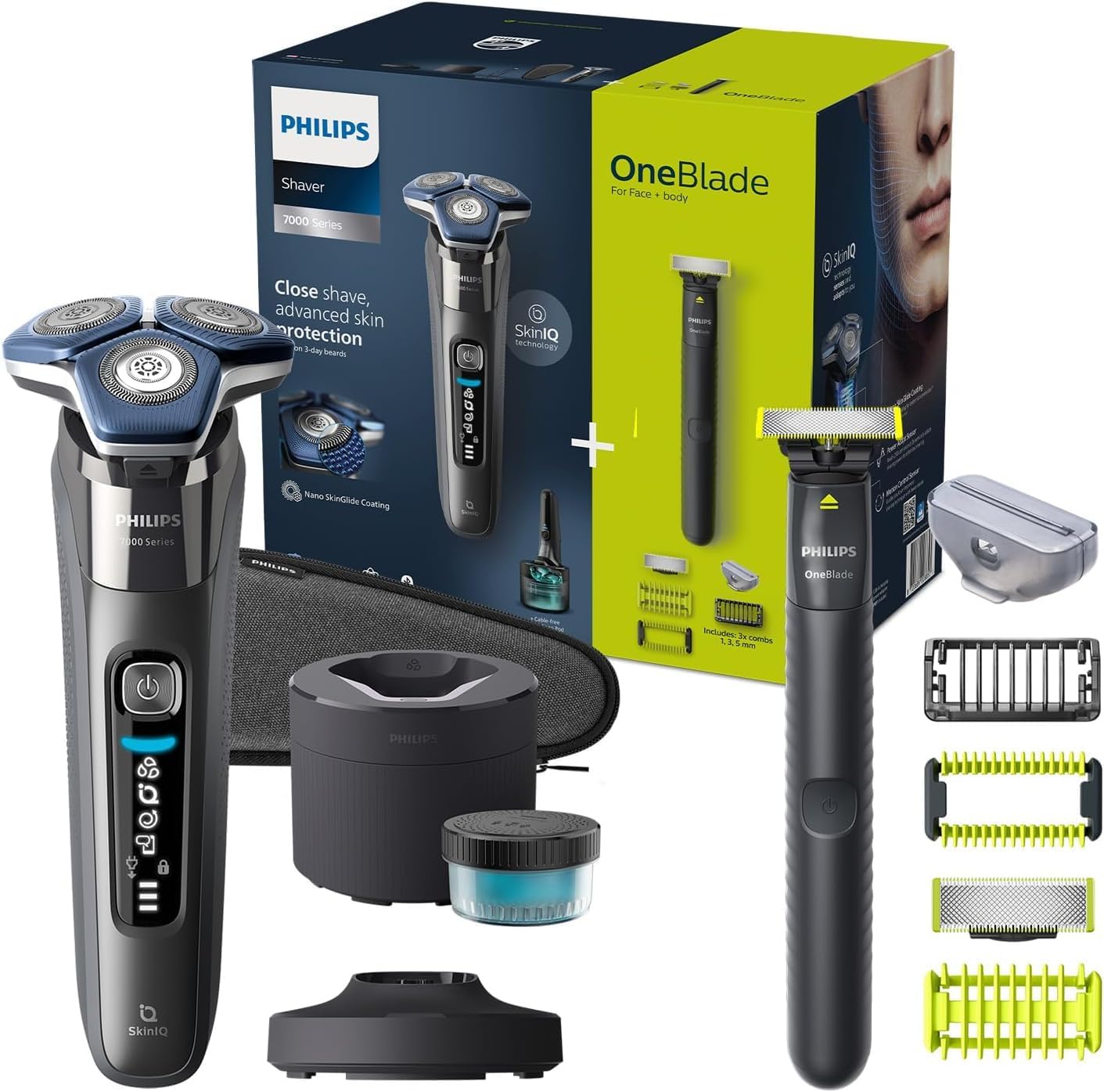 Philips Shaver Series 7000 - Rasoio elettrico Wet & Dry con tecnologia SkinIQ cromato scuro con rifinitore a scomparsa, Quick Clean Pod e cartuccia, OneBlade Philips (modelli S7887/78 e QI1864/20)