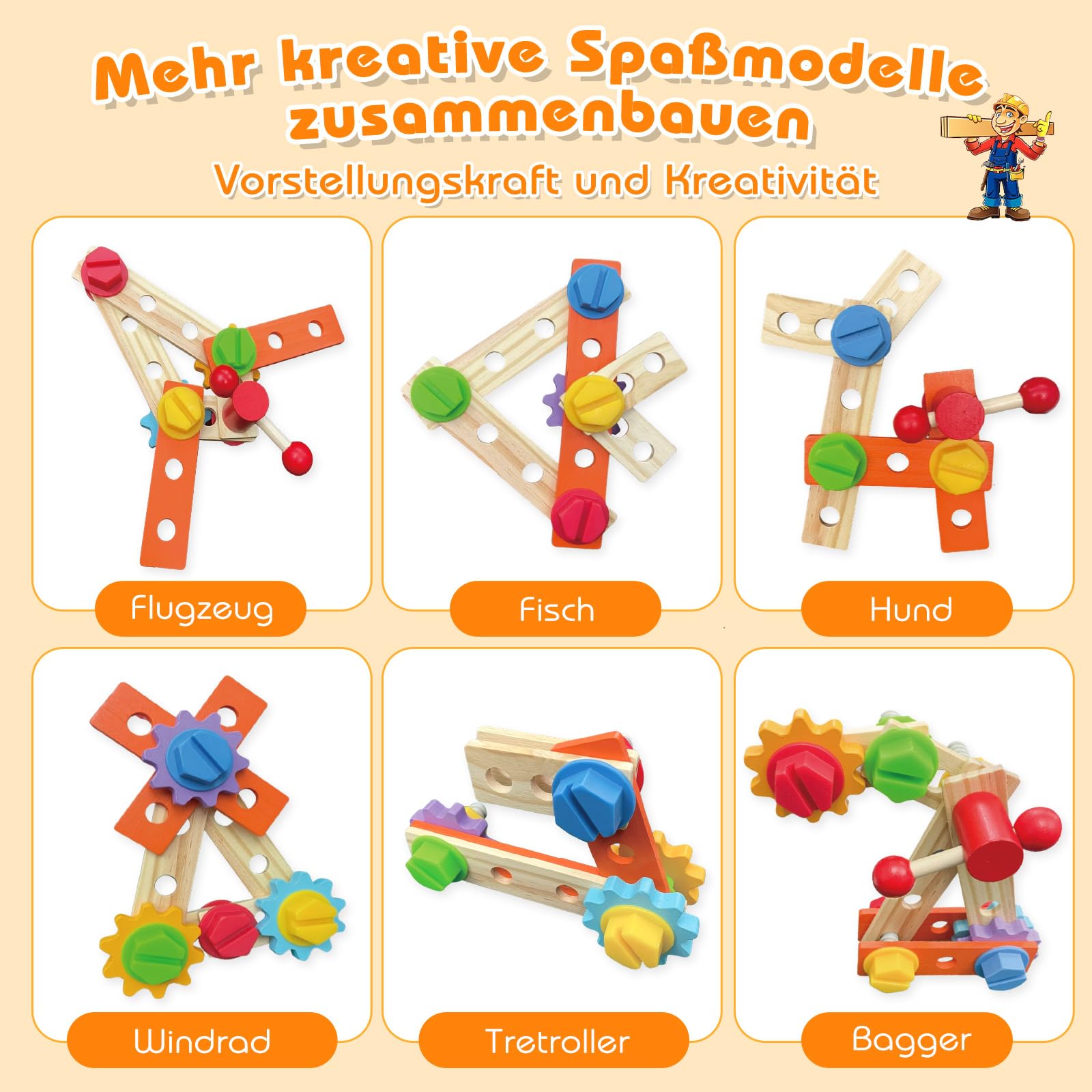 Nauotk Werkzeugkoffer Kinder Werkbank, 2 in 1 Feuerwehrfahrzeug aus Holz und Werkzeug Kinder, Montessori Holzspielzeug Spielzeug ab 2 3 4 5 Jahre, Kinderwerkzeug Werkzeugwagen, Geschenk Junge Mädchen