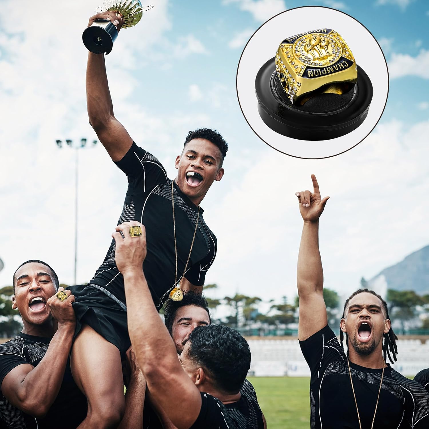12 Pack Fantasy Football Championship Ring Football Trophy Ring Size 11 Sport Ball Game Award Gift with Display Stand Box Neck Chain for Ball Game Tournament League Winner