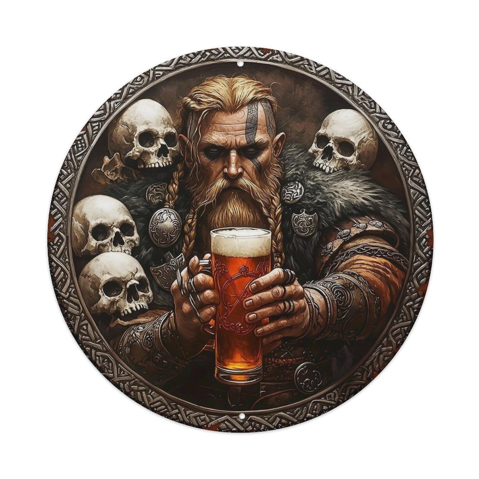Viking Warrior With Beer And Skulls Round Tin Sign Vintage Metal Sign Home Bar Garden Indoor & Outdoor Wall Decor Retro Metal Poster 8x8 Inch