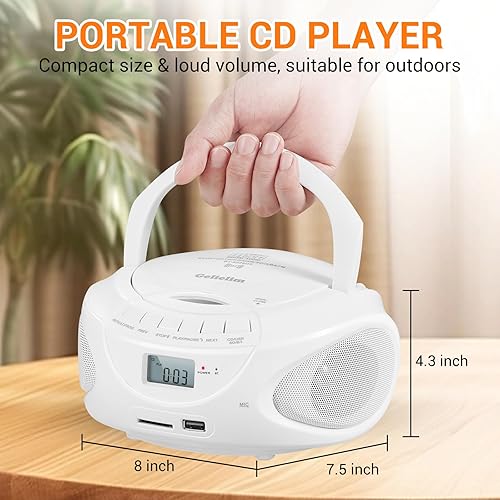 Miniatura 5 de Gelielim Reproductor de CD portátil Boombox, radio AMFM, altavoz Bluetooth, compatible con CDUSBSDBTAUX, conector para auriculares, regalos para