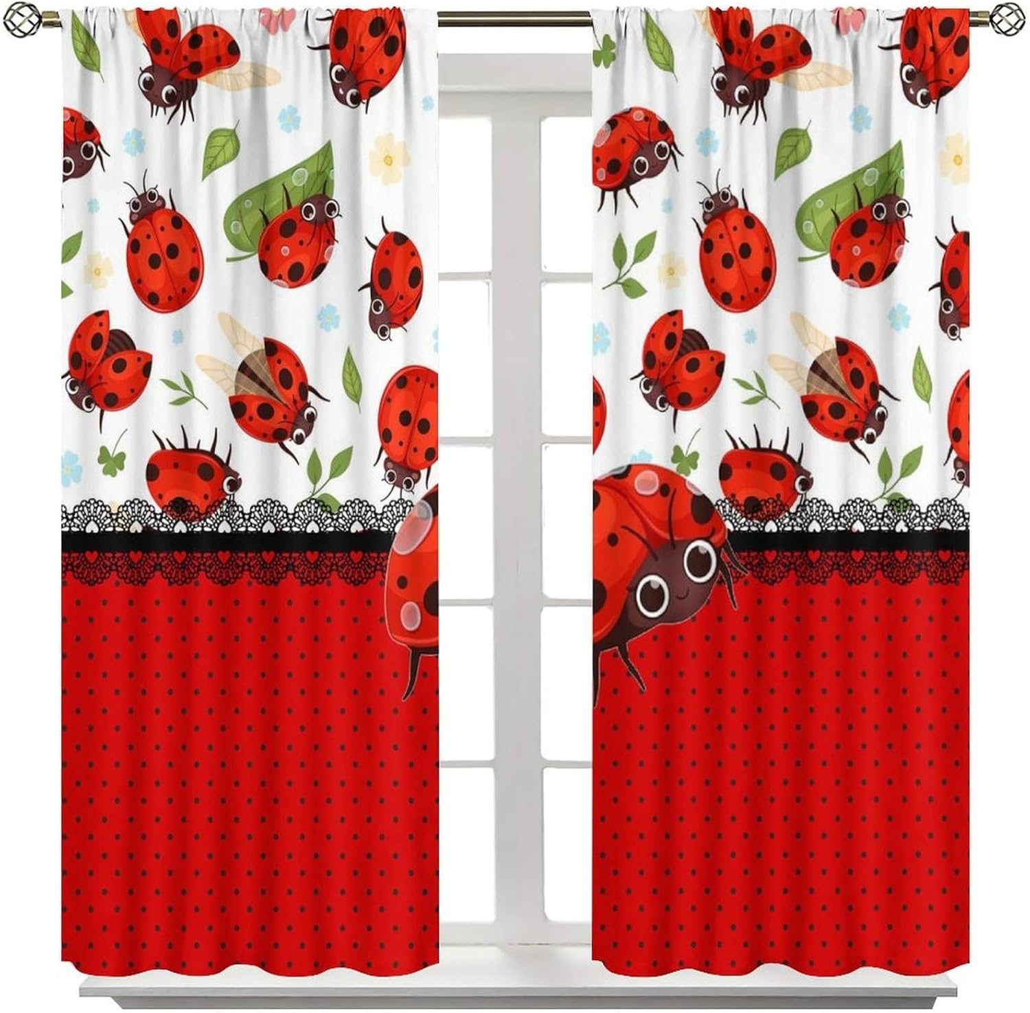 Brebasf Cute Cartoon Animal Ladybug Rod Pocket Blackout Curtains for Living Room,Noise Reduction Abstract Modern Art Spring Forest Green Leaf Ladybugs Bedroom Curtains,2 Panels 63" L x 27.5" W