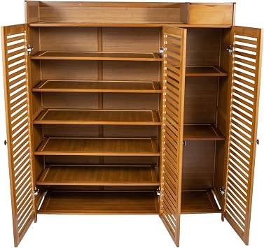 Bamboo Shoe Cabinet with Doors, 7 Tier Shoe Rack with 3 Folding Door Free Standing Shoe Racks 30 Pair Shoe Storage Cabinet Modern Shoe Organizer Storage for Hall, Corridor, Living Room, Bedroom