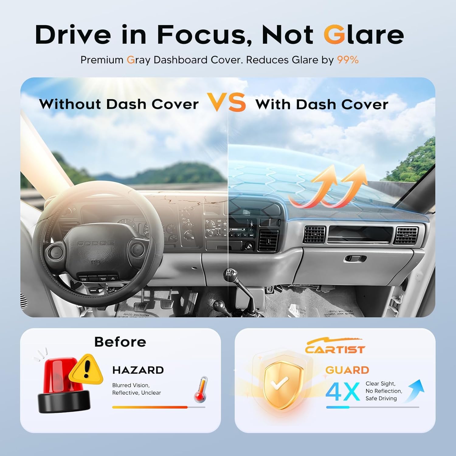 CARTIST Gray Dash Cover for 1994-1997 Dodge Ram 1500 2500 3500 2nd Gen Dashboard Cover Accessories Premium Suede Anti-Glare Sun Shade Dash Mat Non-Slip&Airbag Safe Interior Protector