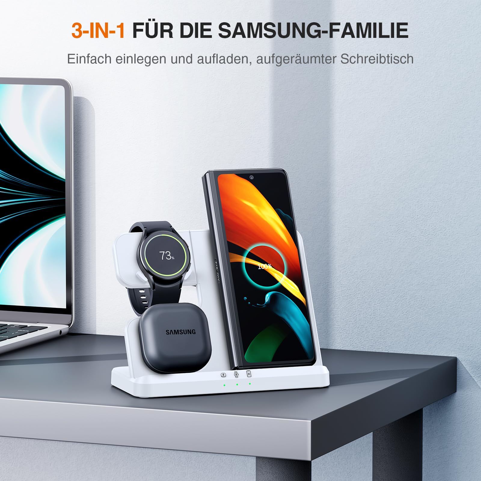 LK Station de charge inductive 3 en 1 pour Samsung Galaxy Watch 8/7/6/5/5 Pro/4, chargeur pour Samsung S26 Ultra S25 S24 S23 S22 Z Flip Z Fold 7 6 5 Galaxy Buds Blanc