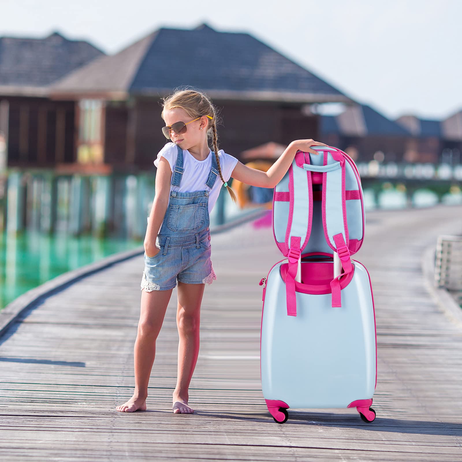 COSTWAY 2tlg Kinderkoffer + Rucksack, Kindertrolley aus Kunststoff, Kindergepäck, Kinder Kofferset Handgepäck Reisegepäck Hartschalenkoffer für Jungen und Mädchen (Eule, 12"+16")