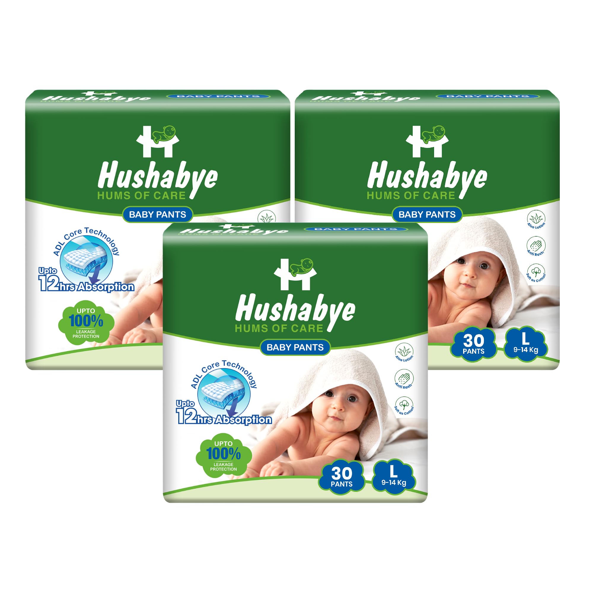 Hushabye Cotton Soft Baby Diapers Pants with Aloe Lotion | Anti-Rash & Breathable | 12hrs Leakage protection, 3D Leak Guard & ADL Core | Large (L) | 9-14kg | 90 Count, Pack of 3-image-15