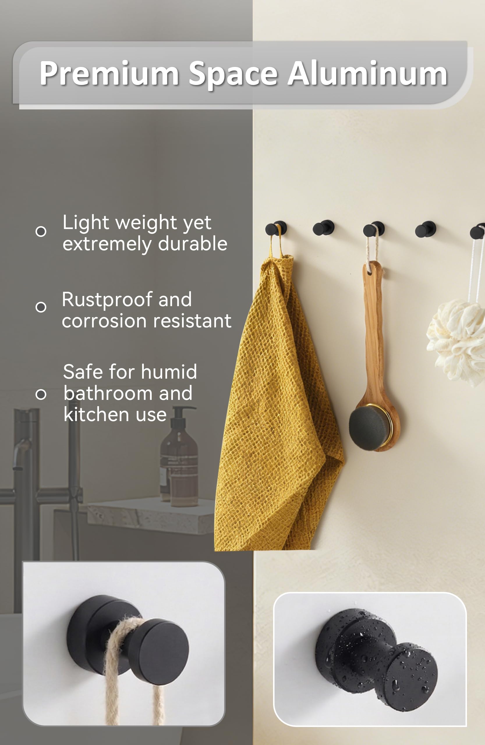 BGL Ganchos para abrigos montados en la pared, ganchos adhesivos resistentes, ganchos de pared negros, gancho para toallas para baño, cocina, puerta, armario, armario, latón, 5 paquetes
