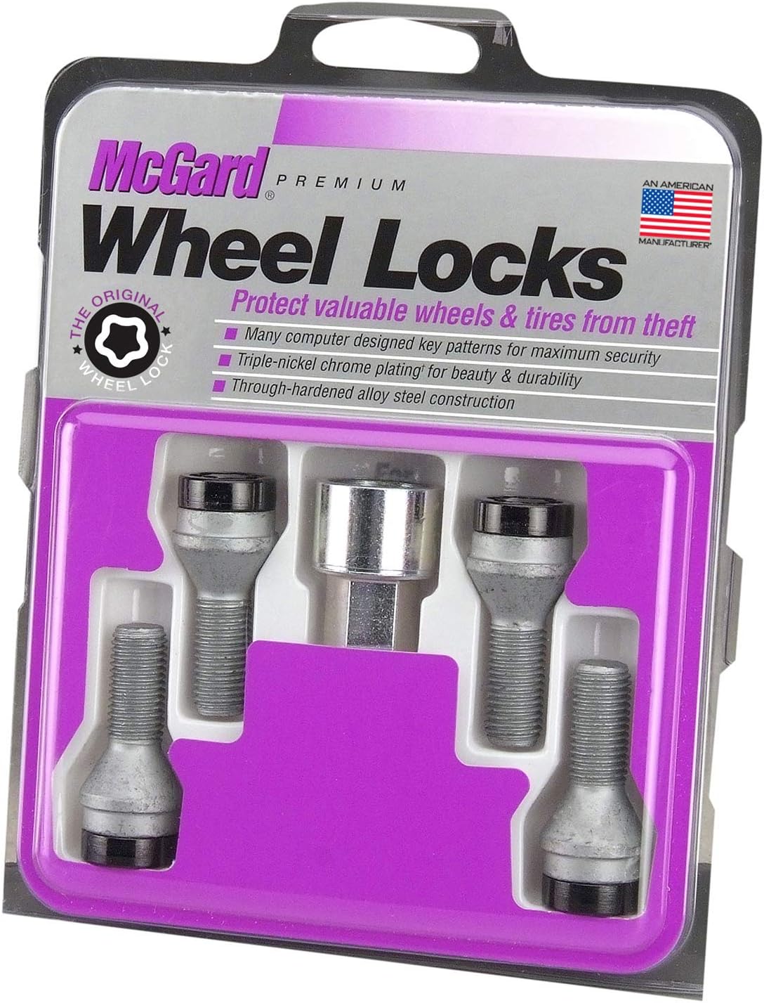 McGard 27316 Black Bolt Style Cone Seat Wheel Lock Set (M12 x 1.25 Thread Size) - Set of 4 Locks and 1 Key