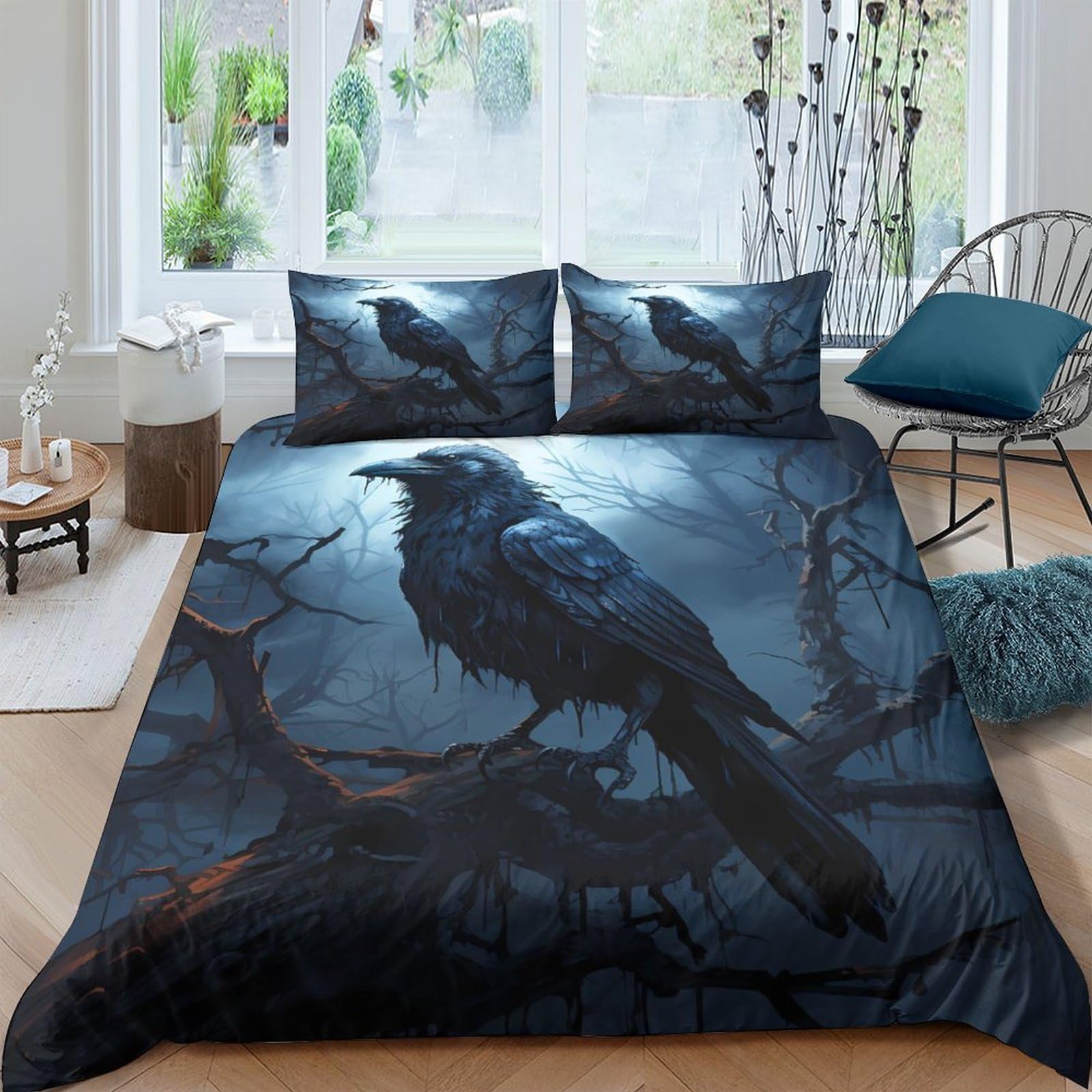 Ctjqhvkz Style-5 3D Printed Dark Raven Fitted Sheet Microfiber Soft Breathable Moonlit Forest Mattress Cover For Bedroom Decor Single（135X200cm）