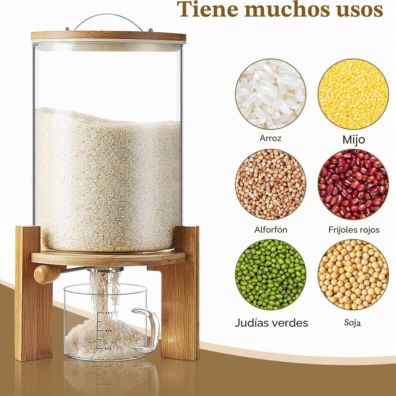 Dispensador de arroz, dispensador de cereales, tarros de cristal con tapa, dispensador de alimentos con vaso medidor de cristal para judías, arroz, cereales, a prueba de humedad y polvo (tamaño: