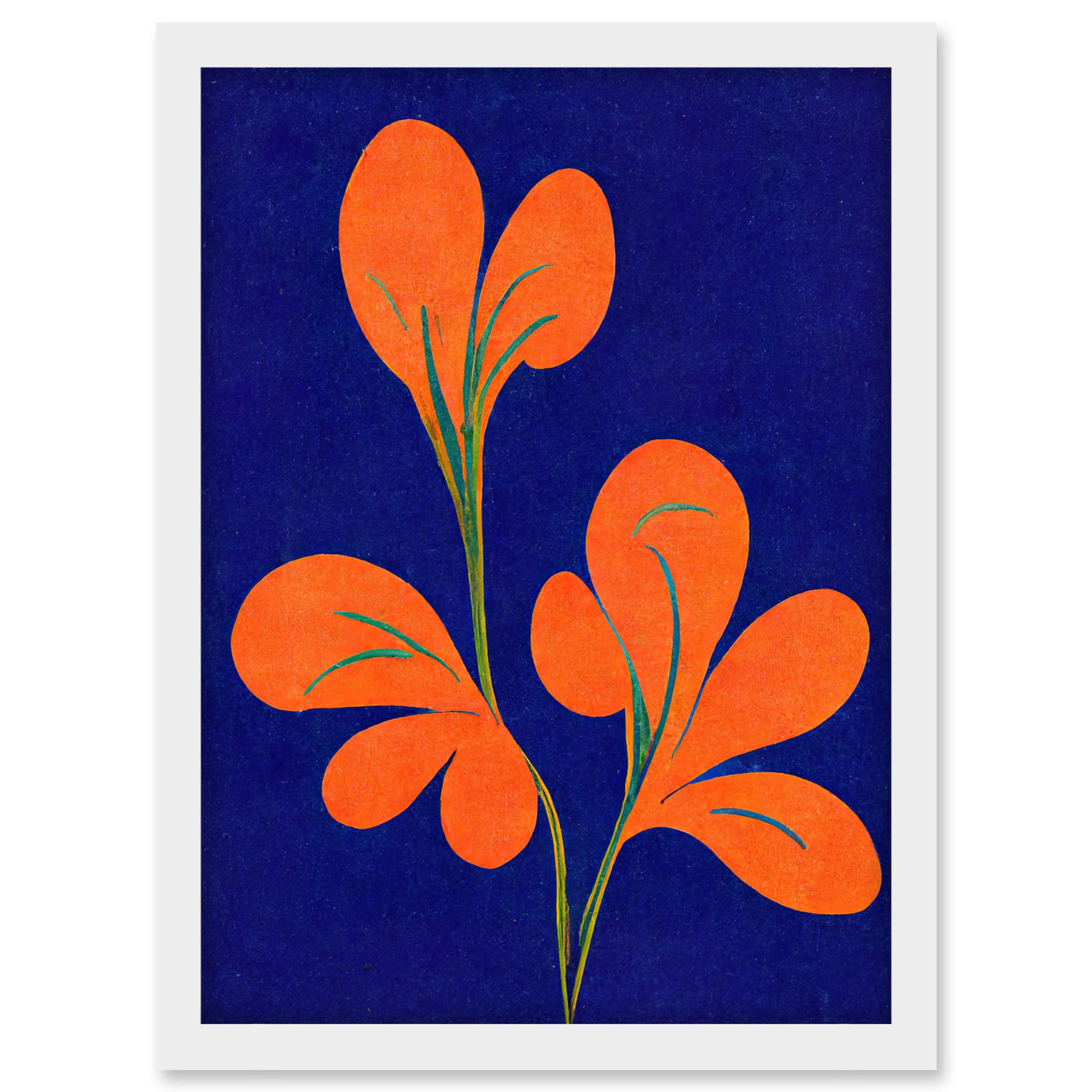 Doppelganger33 LTD Henri Matisse Inspired Bright Abstract Orange Flower Blooms On Royal Blue Artwork Framed A3 Wall Art Print