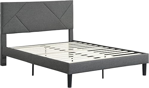 Miniatura 5 de Base de cama de plataforma tamaño King con cabecera tapizada de tela y soporte de listones de madera base de colchón totalmente tapizada no necesita