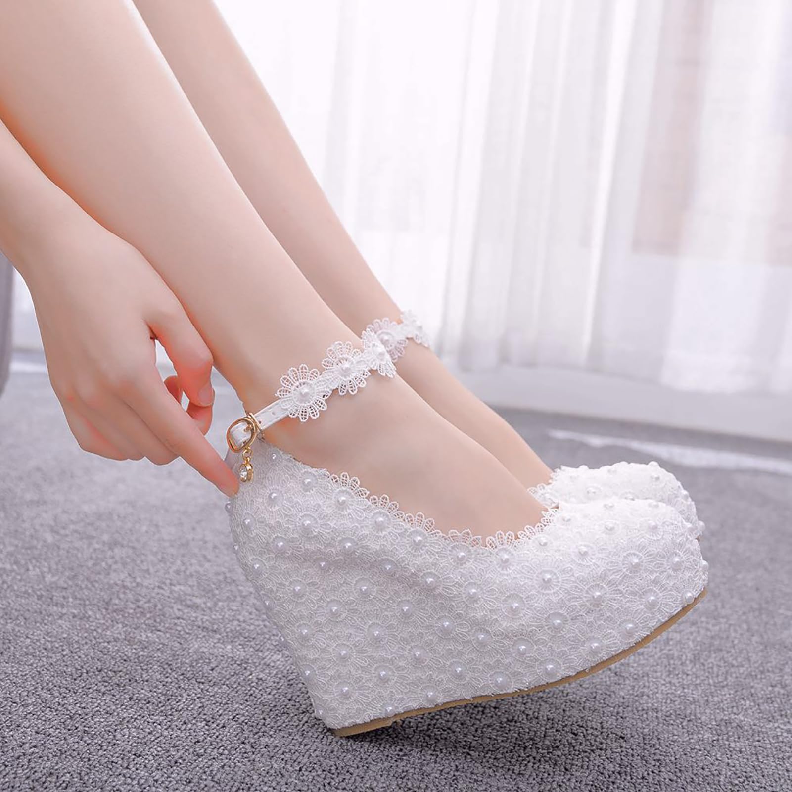 Zapatos de Boda de Encaje Blanco Zapatos de tacón de cuña Zapatos de Plataforma Zapatos de cuña de Punta Redonda Zapatos de tacón de cuña Zapatos de Novia,Blanca,37