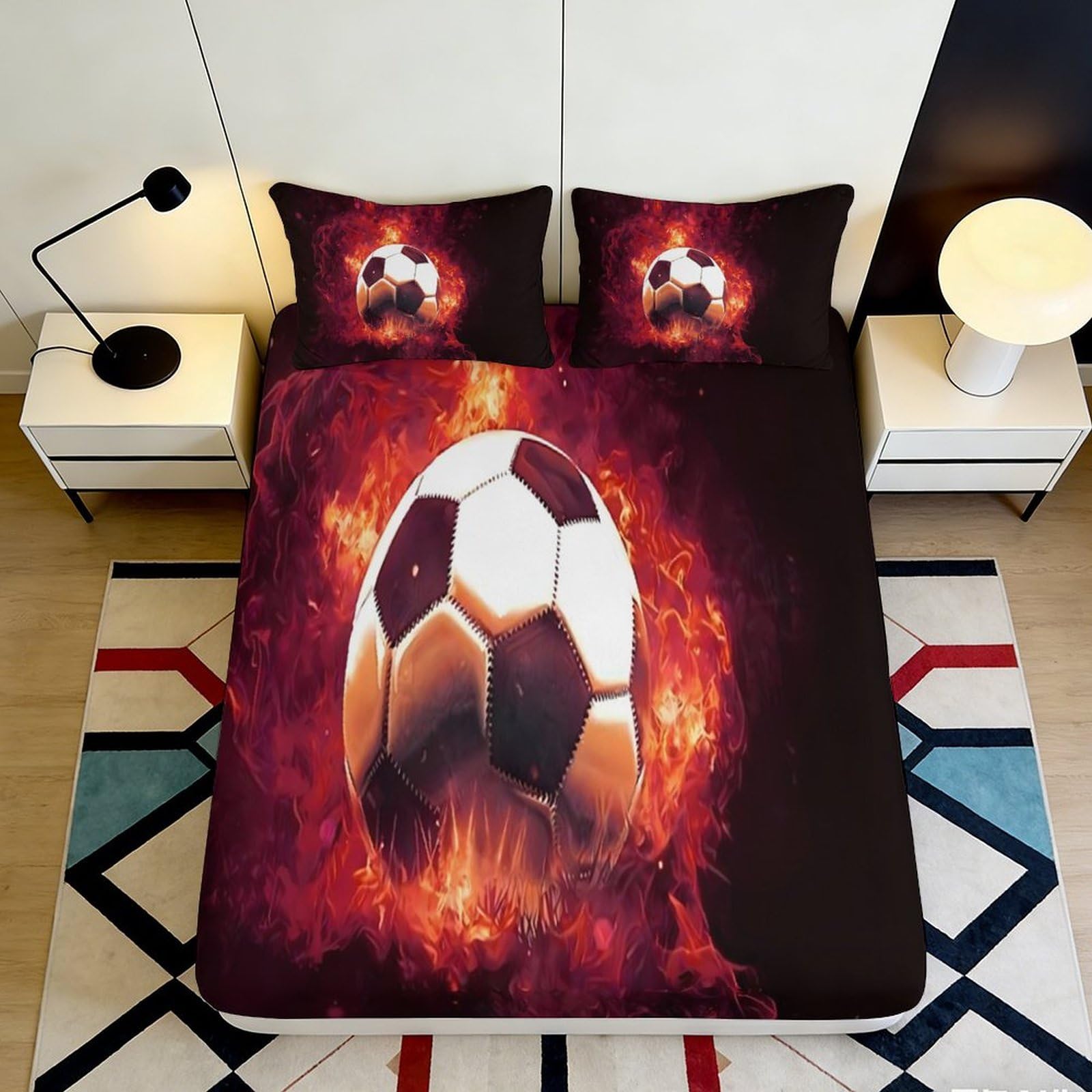 3D Printed Flaming Soccer Fitted Sheet Microfiber Soft Breathable Fireball Bed Cover for Bedroom Guestroom Decor 90x200x25cm