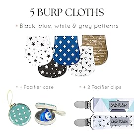 Dodo Babies 5-Pack Baby Burp Cloths - Soft Absorbent Cotton Newborn Essentials Must Haves - Spit-Up Rag & Pacifier Case with Clips - Contoured Fit Boy Burp Cloth Set - 2 Clips & Case Blue/White/Teal