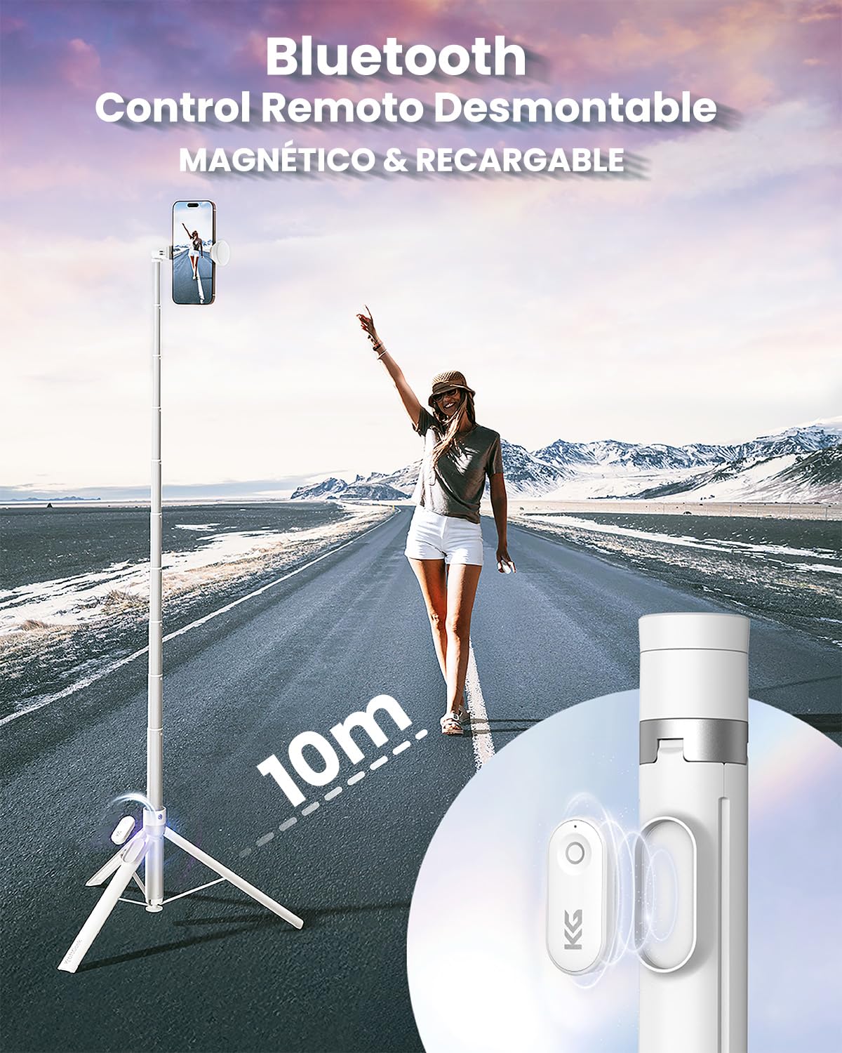 KraftGeek 168cm Palo Selfie Trípode para Movil con Apertura Automática, Tripode Movil Extensible con Control Remoto Bluetooth, Tripe Telemovel Portátil Compatible con iPhone/Samsung/Android, Blanco