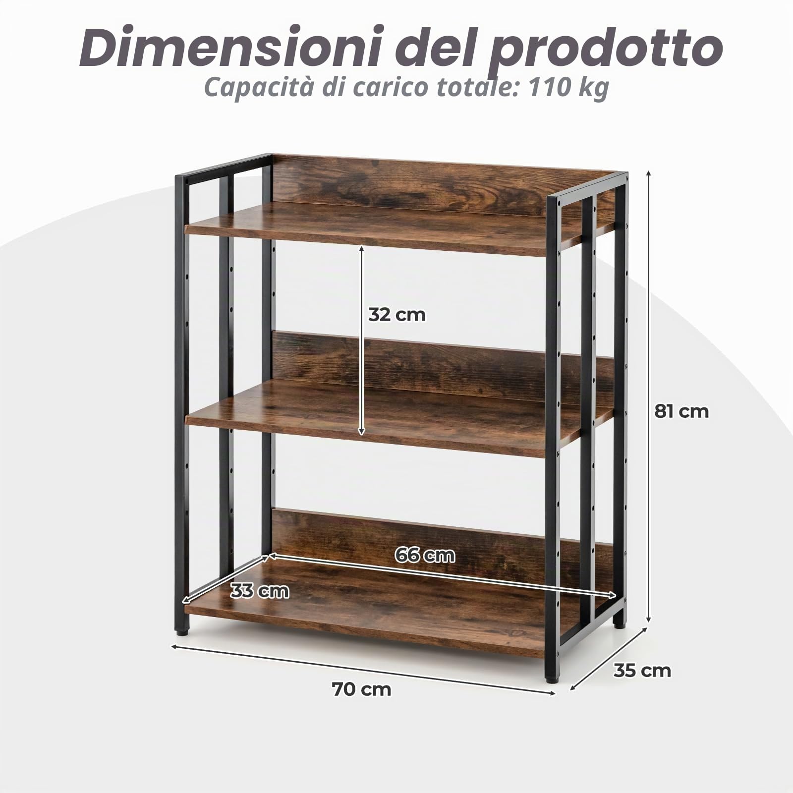 FANTASK Scaffale portaoggetti con telaio in metallo e ripiani regolabili, scaffale a 3 ripiani, libreria per studio, soggiorno e cucina, 70 x 35 x 81 cm (marrone rustico)